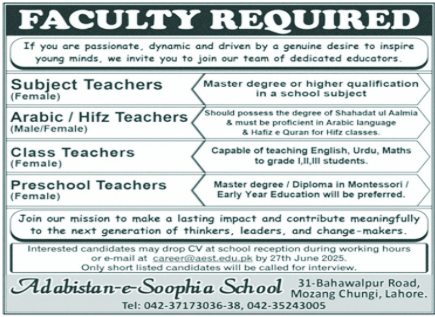 Teaching Jobs in Adabistan-e-Soophia School Lahore